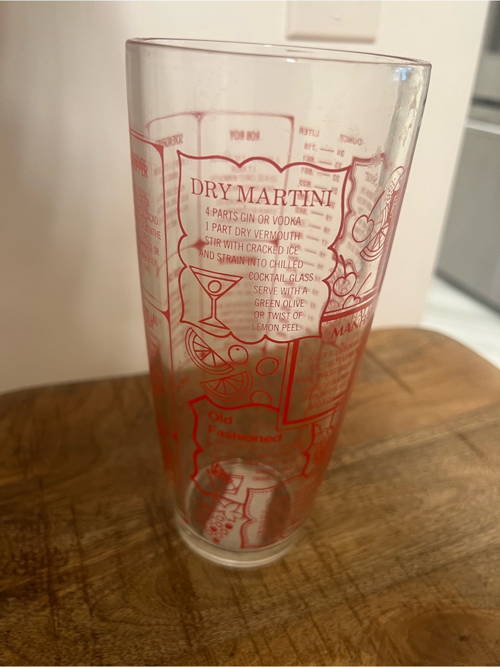 VTG MCM Irvinware USA Glass Cocktail Shaker Recipes Red Print 24oz